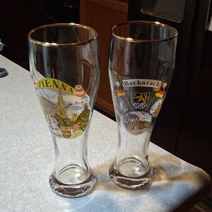 Gold Rimmed Vienna and Bacharach Beer Glass Set